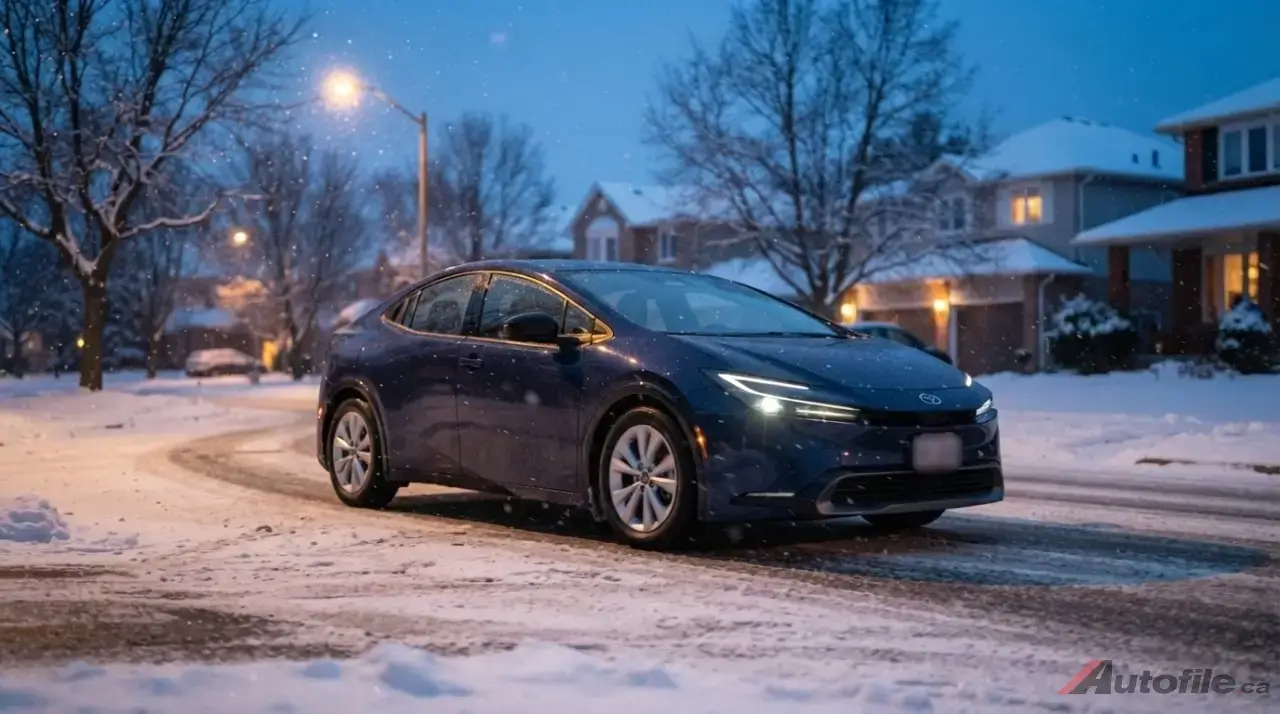 Toyota Prius driving through snow on a Canadian winter street