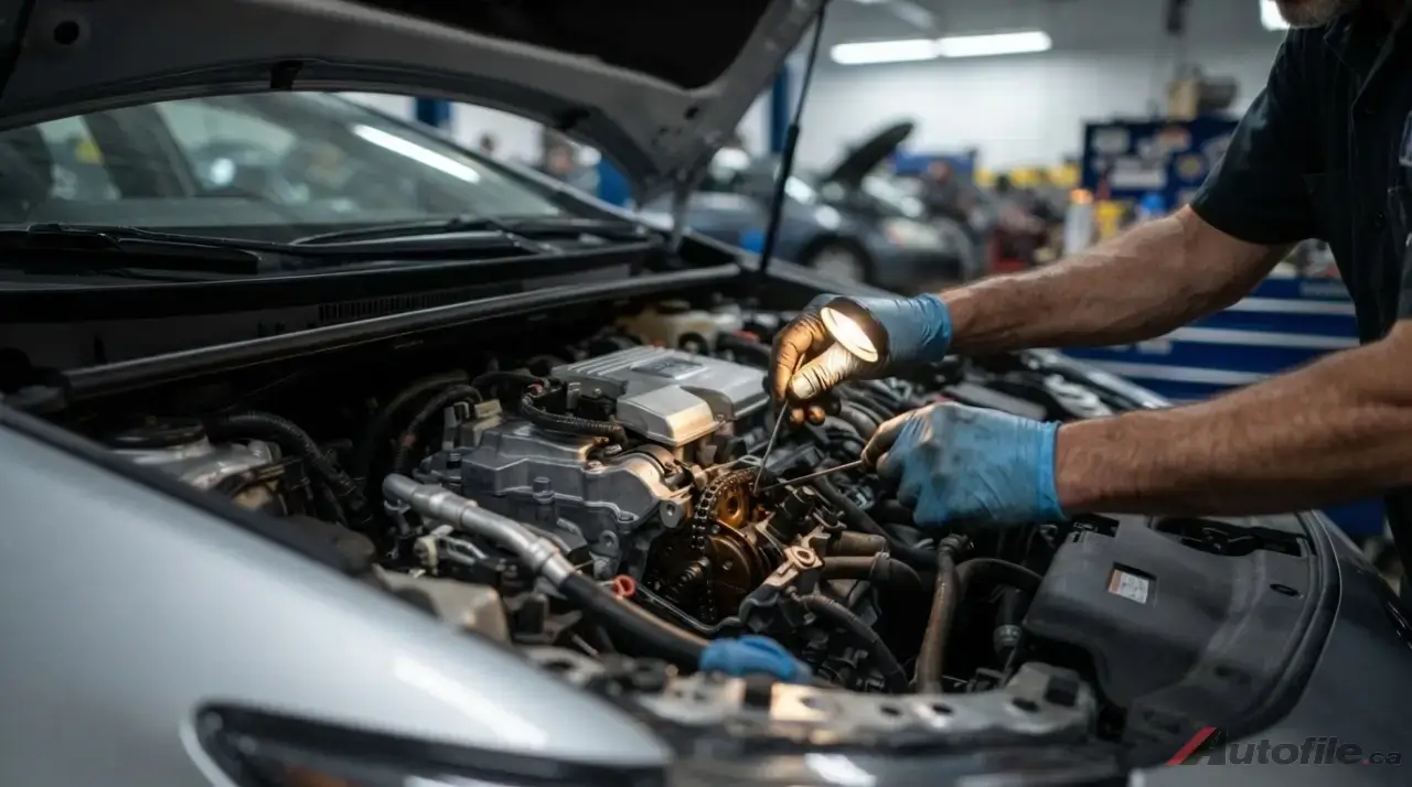 Mechanic inspecting a Toyota Prius engine bay during a pre-purchase check