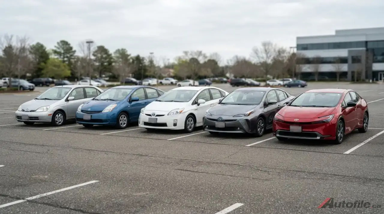 Five generations of Toyota Prius parked together showing its design evolution