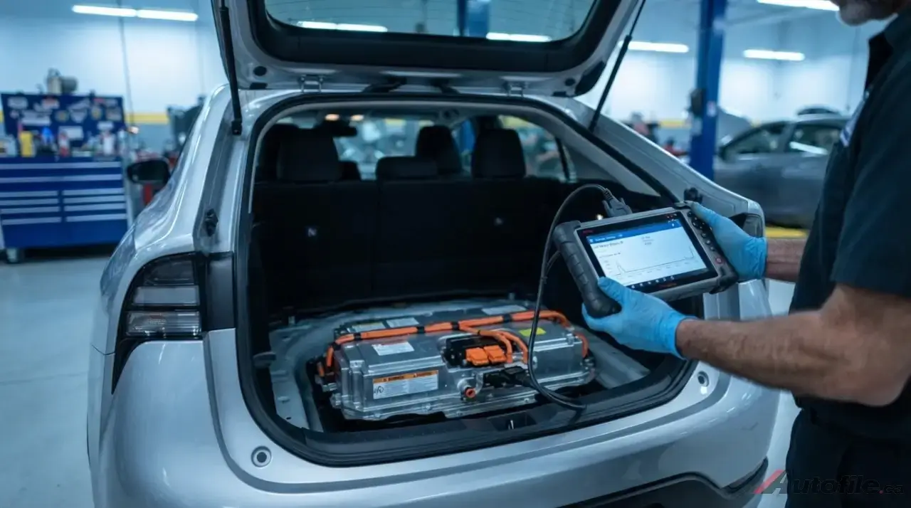 Technician testing a Toyota Prius hybrid battery pack with a diagnostic scanner