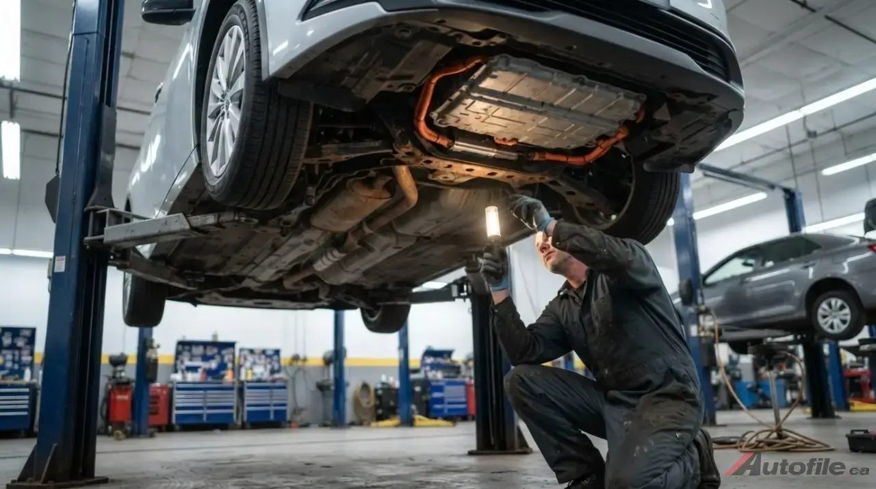 Mechanic checking a Toyota Prius undercarriage for rust and corrosion