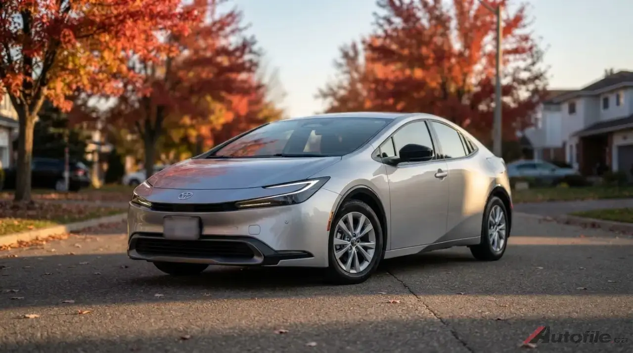 Used Toyota Prius parked on a tree-lined street in a Canadian neighbourhood