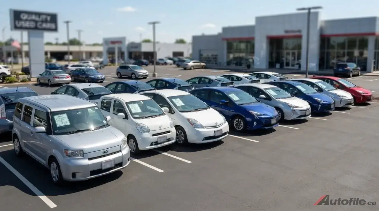 Row of used Toyota Prius hybrids for sale at a Canadian dealership