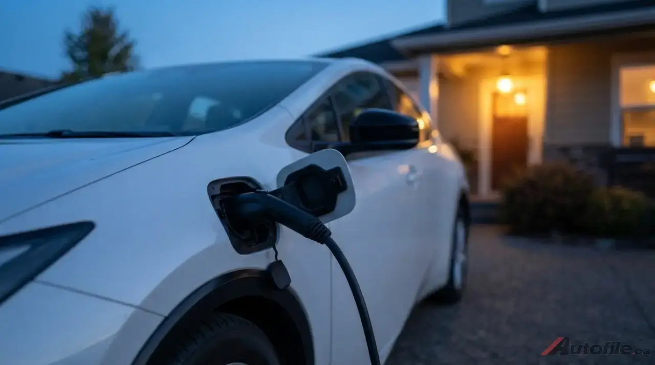 Prius Prime plug-in hybrid charging in a home driveway in Canada
